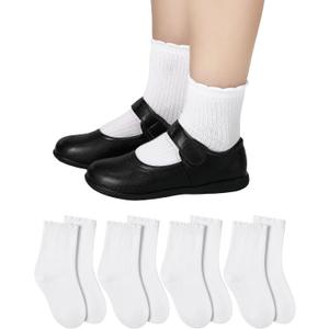 Shyyween 4 Pairs Girls White Ruffle Socks Kids Cotton School Uniform Dress Socks Crew Ankle Size 4-12 Years (White)