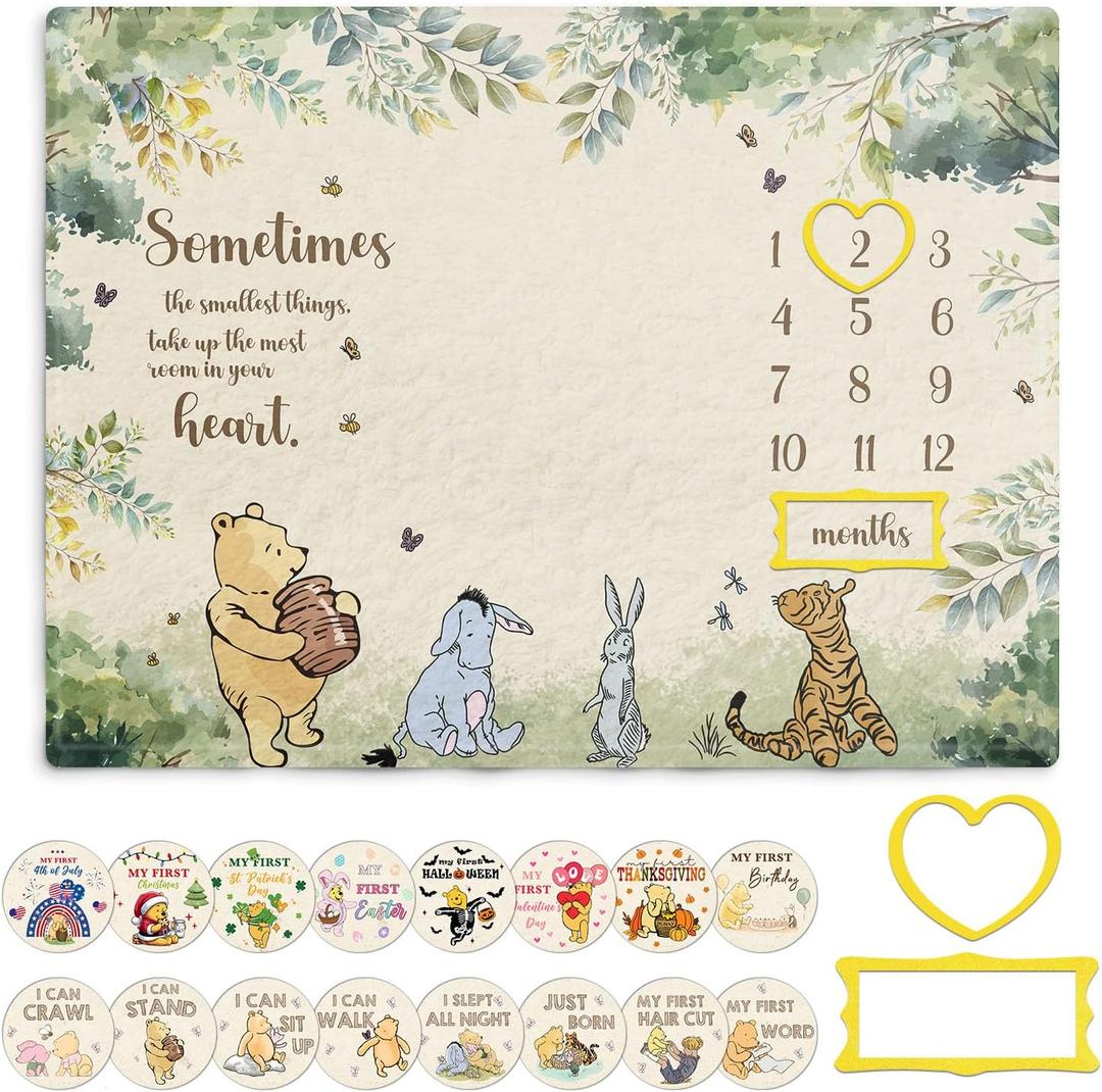 Winnie Milestone Blanket for Baby, Pooh Babies Monthly Blanket, Winnie Quotes Baby Milestone Blankets, Newborn Photography Background Decor, with 8 Holiday Cardstocks