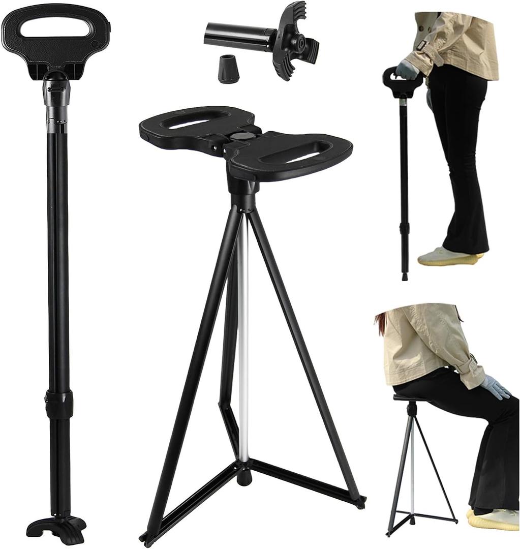 Walking Cane with Seat for Men & Women,Portable Cane Seat with Carry Bag,Lightweight Anti-Slip Walking Stick for Seniors & Adults,Foldable Adjustable Cane Chair for Travel Hiking (black)