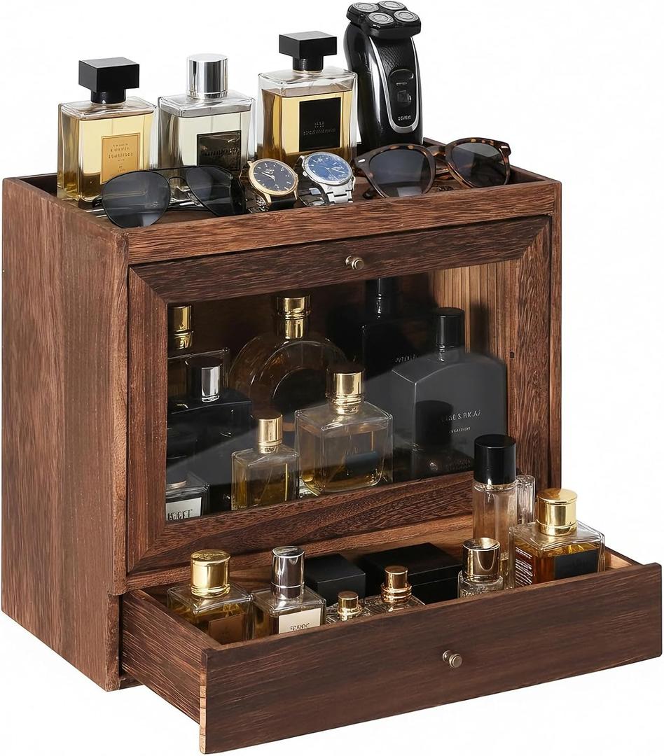 Cologne Organizer for Men,Perfume Stand Holder,Cologne Shelf, Solid Wood Cologne Stand with Drawer Storage and Clear Window,Organizador de Perfumes,Perfume Stand Organizer,Brown