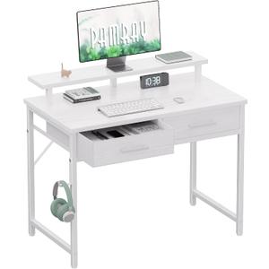 Pamray 32 Inch Small Computer Desk with Monitor Stand Home Office Desks with 2 Drawers for Bedroom Study Writing and Work Table for Small Spaces White