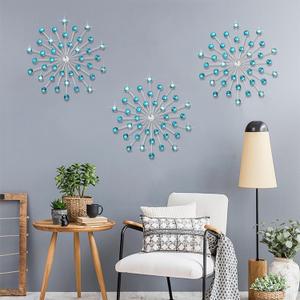DXYAKY Set of 3 Modern Starburst Wall Decor, Metal Wall Sculpture with Crystal Accents, Blue 3D Wall Art for Living Room, Bedroom & Home, Elegant Hanging Wall Decoration (11.8 inch)