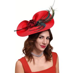 Cizoe Fascinators for Women Derby Headpiece Tea Party Hats with Veil Wedding Headware Bridal Headpiece (04-red)