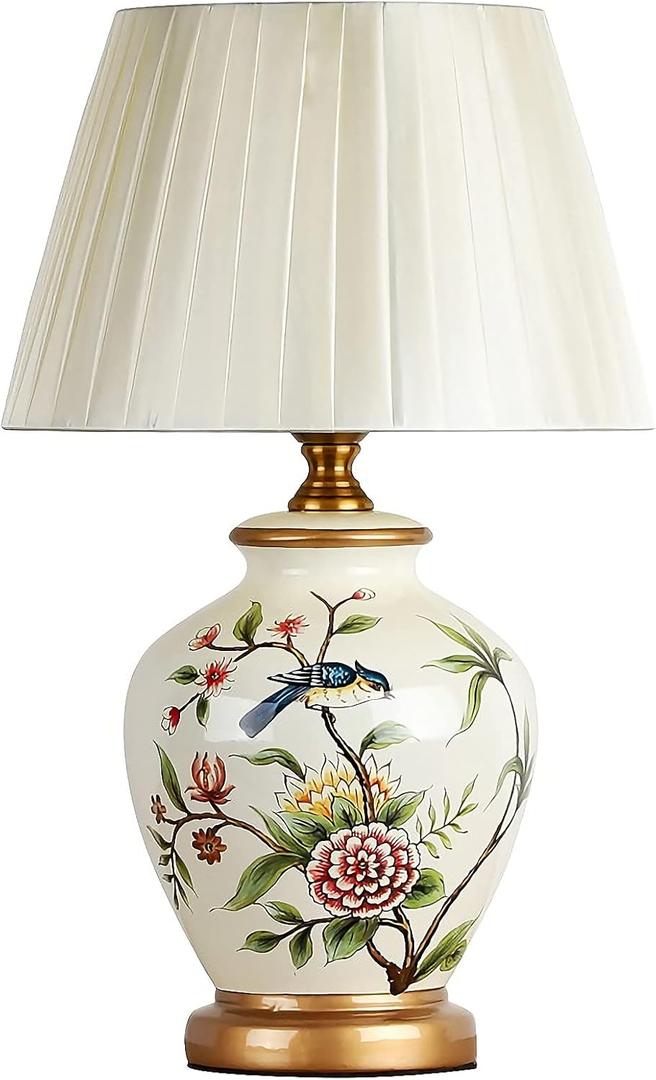 American flower and bird hand-painted ceramic table lamp bedside lamp new Chinese modern bedroom study hotel villa bedside lamp fabric lampshade Chinese home decoration ornaments ceramic table lamp