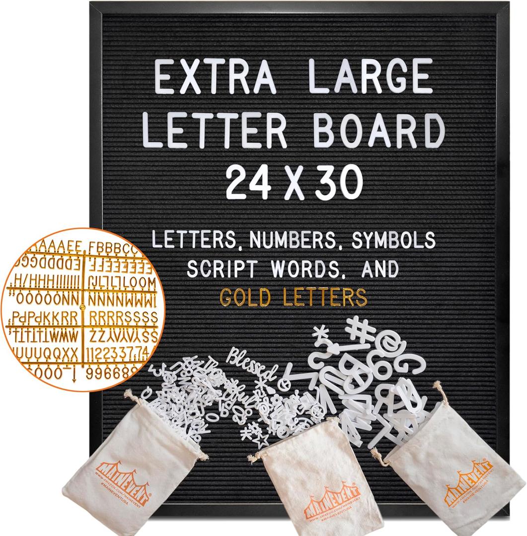 Black Felt Letter Board in Black Frame 24x30 Inch w/Gold Letters, Back to School Big Felt Board, Large Menu Board
