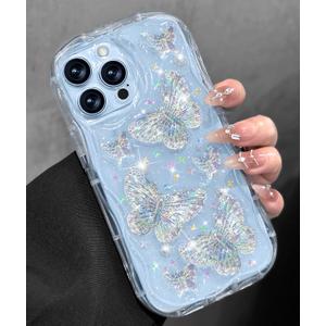 Toycamp for iPhone 13 Pro Case Cute - Women Girly Girls Glitter Phone Cover 13Pro Kawaii Sparkle Bling Shine Aesthetic Pretty Unique Wave Design Funda for Apple 13 Pro, Clear Butterfly