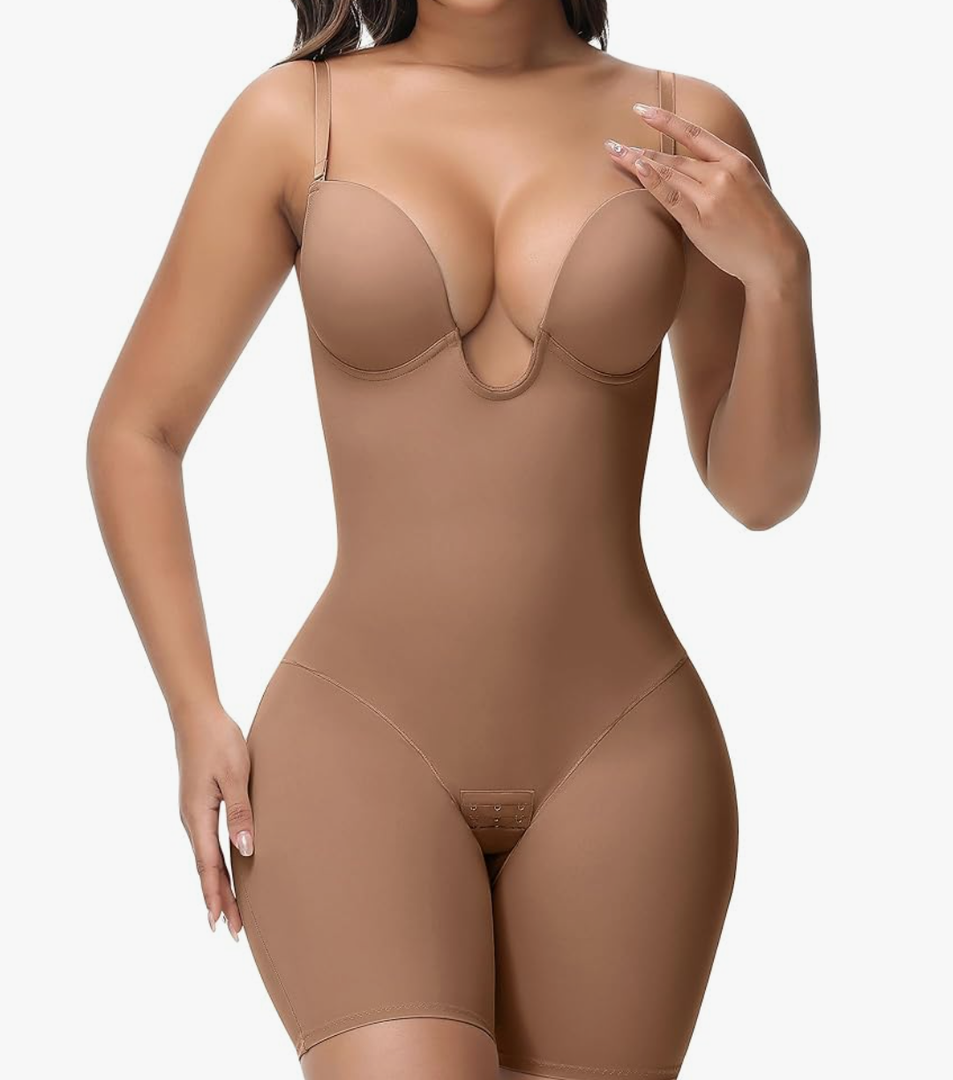 SHAPSHE Backless Shapewear Strapless Deep U Plunge Bodysuit for Women Built In Bra Tummy Control Low Back Body Shaper L