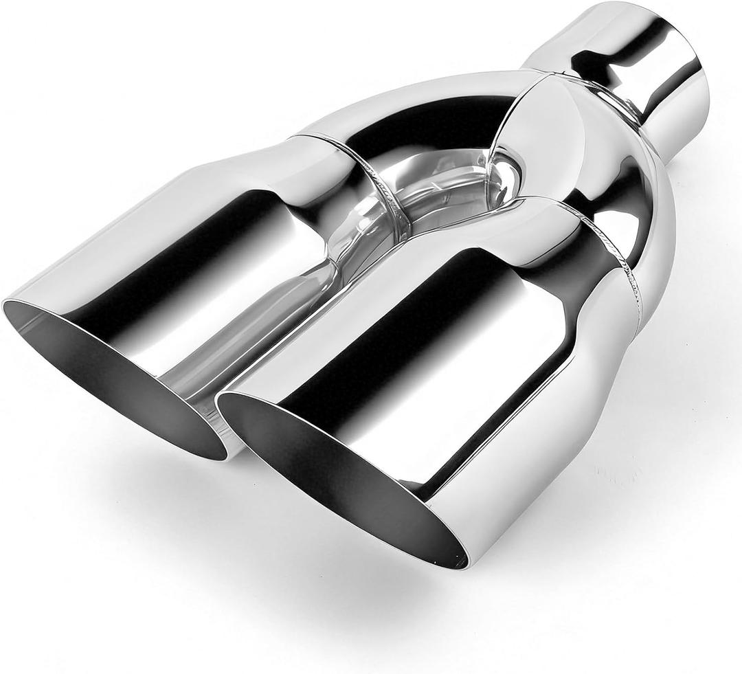 Fit for 2.5 Inch Inlet 2x3.5" Outlet 10" Overall Length Stainless Steel Weld-On Dual Round Angle Exhaust Tip Duo Layer 2.5"X(3.5"X2) X10" EXT42