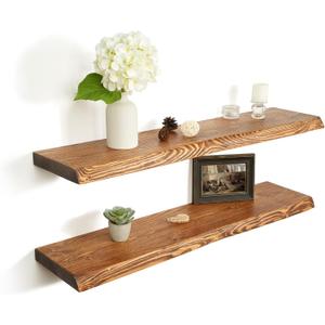36 Inch Live Edge Floating Shelves for Wall Set of 2, Solid Finnish Spruce Natural Wood Floating Shelves, Thick Rustic Edge Shelves for Bathroom, Kitchen, Living Room Decor, Brown Finish, Live Edge, 36"L, 2Packs