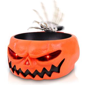 XOYTN XIMISHOP Animated Halloween Skull Bowl, Pumpkin Candy Dish With Creepy Moving Skeleton Hand for Party Decoration