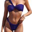 ZAFUL Women's One Shoulder Bikini Twisted Ruched High Cut Bandeau Bikini Set Two Piece Swimsuit (Medium, 1-purplish Blue)