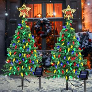 Solar Christmas Trees Decorations, Solar Powered Xmas Tree Lights Outdoor Waterproof with 50 LEDs and 8 Modes for Yard, Lawn, Pathway, Garden, Front Porch, Cemetery, Graveside Decor (2 Pack)