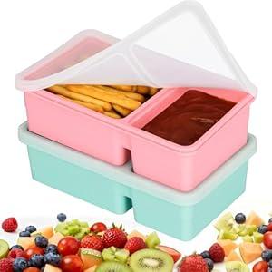 Reusable Silicone Snack Containers with Clear Lids, 2-Pack Double Compartment Food Storage Boxes, Leakproof Bento Snack Box for Sauce, Fruit & Condiments  Ideal for Travel, Work & Picnic (blue and green)