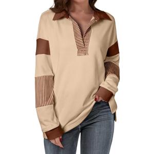 BLENCOT Women Sweatshirt Color Block V Neck Contrast Top Casual Oversized Side Slit t Shirts Polo Sweatshirts Pullover Fall Lightweight Top Beige, XX-Large
