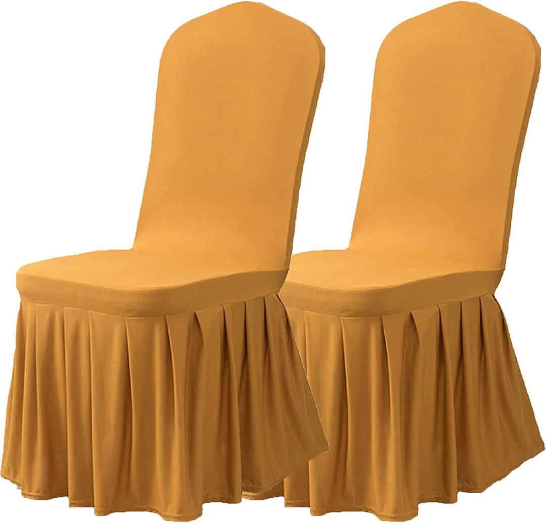 Dimatic Dining Room Chair Covers Set of 2, Stretch Parsons Slipcovers with Skirt Super Fit Spandex Chair Seat Protector Cover for Dining Room, Hotel, Ceremony (Gold)