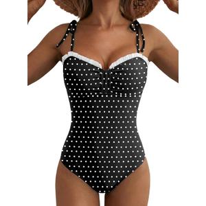 Herseas Women's One Piece Swimsuits High Cut Sexy Ruffled Trim Ruched Removable Padded Bathing Suits Adjustable Tie Shoulders Casual Holiday Outfits Black with White Dots​, Large