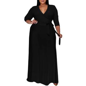 Runwind Plus Size Dresses for Women Floral Maxi Dress Flowy 3/4 Sleeve with Belt (XX-Large, 11-black)
