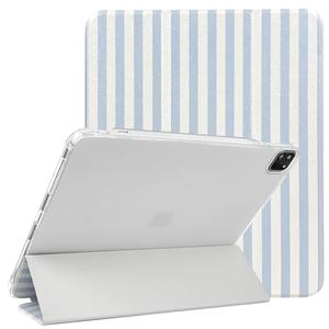 Lovmooful Compatible for iPad Pro 12.9-Inch 2022/2021/2020/2018 (6th/5th/4th/3rd Generation) Case with Pencil Holder Cute Striped with Aesthetic Design Soft TPU Trifold Stand Protective-Blue&White