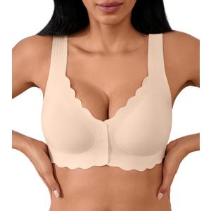 Front Closure Bras for Women Seamless Wireless Push Up Bra No Underwire Full Coverage Comfort Bras Mastectomy Bralettes (Beige, L)