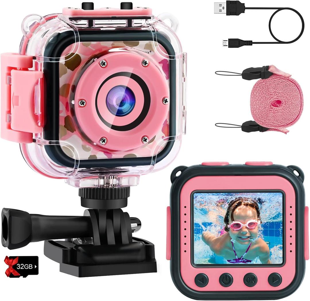 PROGRACE Pool Toy & Kids Underwater Camera - IP68 Waterproof Action Camera for Boys Ages 3-12, 1080P Video, 32GB Card, Mount for Bike & More, Birthday Gift for Diving, Swimming, Riding, Snorkeling (Pink)
