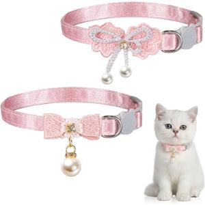 2 PCS Pink Bow Cat Collars for Girl Cats, Adjustable Breakaway Cat Collars, Cute Pink Breakaway Kitten Collar with Pearl Pendant, Bow Female Cats Collar