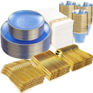 Rubtlamp 350 Pcs Clear Blue Plastic Plates, Blue Gold Plastic Dinnerware Set (50 Guests), Blue Disposable Plates With Gold Rim, Hammered Party Plates Set for Wedding And Party