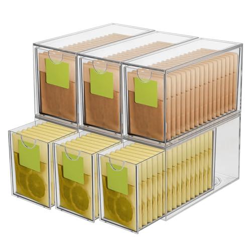 6 Pack Clear Acrylic Tea Bag Organizer Drawer, Stackable Tea Bag& Coffee Storage Container, Multi-Purpose Drawer Organizer for Drawer, Cabinet, Pantry, Kitchen, Countertop
