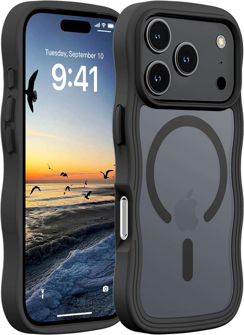 4 x Hualele for iPhone 17 Pro Max Case Cute for Women, Compatible with MagSafe, Military Grade Dropproof Translucent Matte Back Curly Wave Edge Slim Girly Phone Case 17 Pro Max Case iPhone, Black