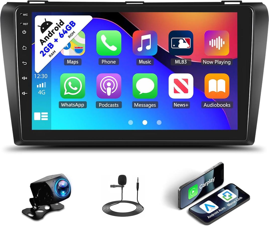SIXTOP 2+64G Android Car Stereo for Mazda 3 2004-2009 Upgrade Radio with Apple Carplay Android Auto 9 inch Touch Screen Bluetooth GPS Navigation Mirror Link FM RDS WiFi SWC EQ AHD Camera & MIC