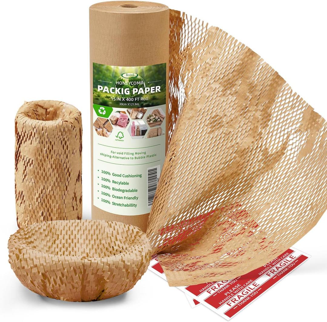 Honeycomb Packing Paper Wrap 15"x400' Sustainable Alternative to Bubble Cushioning Wrap Packing paper for Moving/shipping/packing Roll with 20 Fragile Sticker Biodegradable & Fully Recylable (Brown)