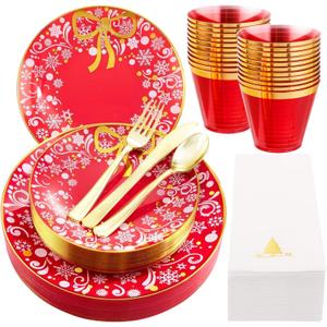 Hioasis 175pcs Plastic Place Setting - Christmas Theme, Red & White Garland, Includes 25 Dinner & Dessert Plates, Gold Utensils, Clear Cups, Napkins. BPA-Free, Reusable, Perfect for Parties