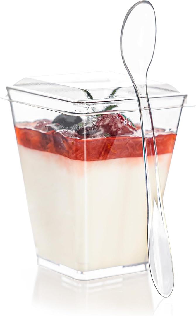 20 Pack 5oz Mini Dessert Cups with Soopns and Lids, Clear Square Dessert Bowls Small Plastic Parfait Cup Appetizer Cup for Wedding Party