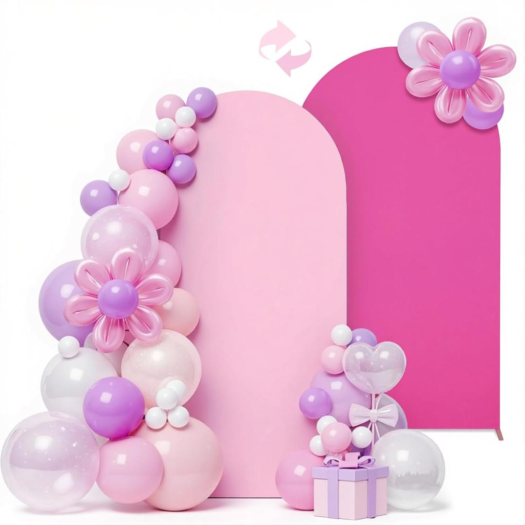 LEBENGURU 7.2FT Arch Backdrop Cover (One Piece Double Color), Light Pink/Rose Pink Spandex Fitted Round Top Wedding Arches, U-Shaped Arch Chiara Stand Covers for Birthday Party Baby Shower Dcor