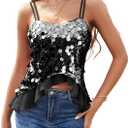 HomRain Women's Sexy Sequin Tops V Neck Strappy Casual Glitter Sparkly Camisole with Ruffle Party Sleeveless Tank Tops (Black) S