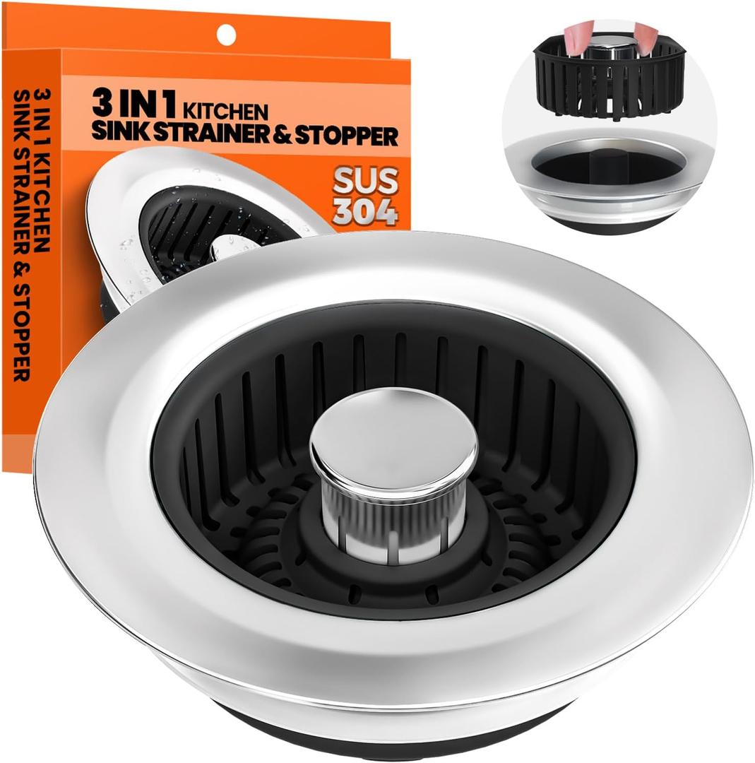 3 in 1 Kitchen Sink Drain Strainer & Sink Stopper Upgraded Stainless Steel Drain Plug with Anti-Clog Basket Drain Stopper Combo, Pop Up Sink Stopper for Standard 3-1/2'' (Black)