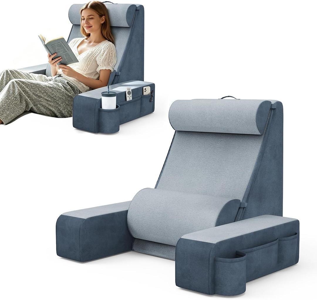 Reading Pillow, Back Pillow for Bed with Adjustable Headrest & Independent Lumbar Support, Detachable Armrest Sit Up Pillow for Bed, Dual Side Storage Pockets for Reading Gaming Nurs Sofa (Basic)