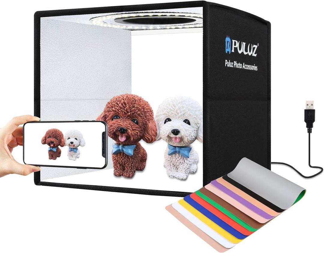 PULUZ 9.8"/25cm Foldable Portable Photo Studio Light Box, Adjustable Brightness Light Box Photography Lighting Shooting Tent Kit, with LED Lights and 12 Colors Backdrop
