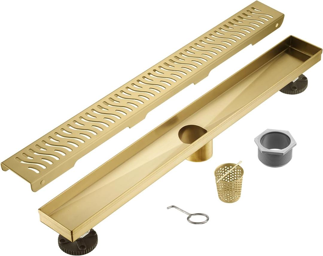 Sharp-tec Linear Shower Drain, 28inch Shower Drain with Removable Pattern Cover, Brushed Gold 304 Stainless Steel Rectangle Floor Drain, Adjustable Feet and Hair Strainer Included
