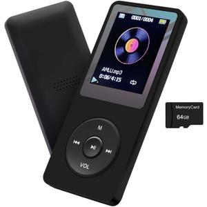 MP3 Player 64GB with Speaker Earphone Portable HiFi Lossless Sound MP3 Mini Music Player Voice Recorder E-Book HD Screen 1.8 inch Black Support up to 128GB