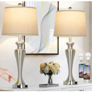 LUXEFLOW 30" Silver Table Lamps Set of 2, 3Way Dimmable Touch Living Room Lamp with USB A+C Ports and AC Outlet, Modern Brushed Nickel Bedroom Lamps, Tall Metal Bedside Lamp for Nightstand Side Table