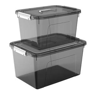 JUJIAJIA Plastic Storage Bins with Lids, 2 Pack Mixed Sizes (7 Qt, 16 Qt) Clear Black with Lid Stackable Organizer Boxes with Latches for Closet, Pantry, Bathroom, Office