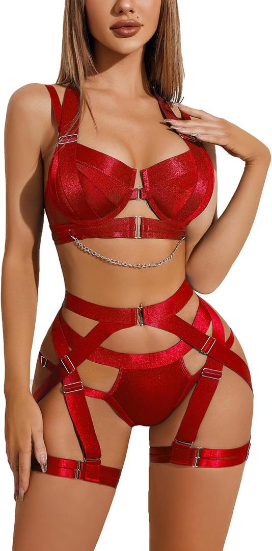 Avidlove Lingerie Set for Women Sexy Strappy Lingerie Underwire Push Up Bra Garter Set Lingerie with Chain (XX-Large, Red)