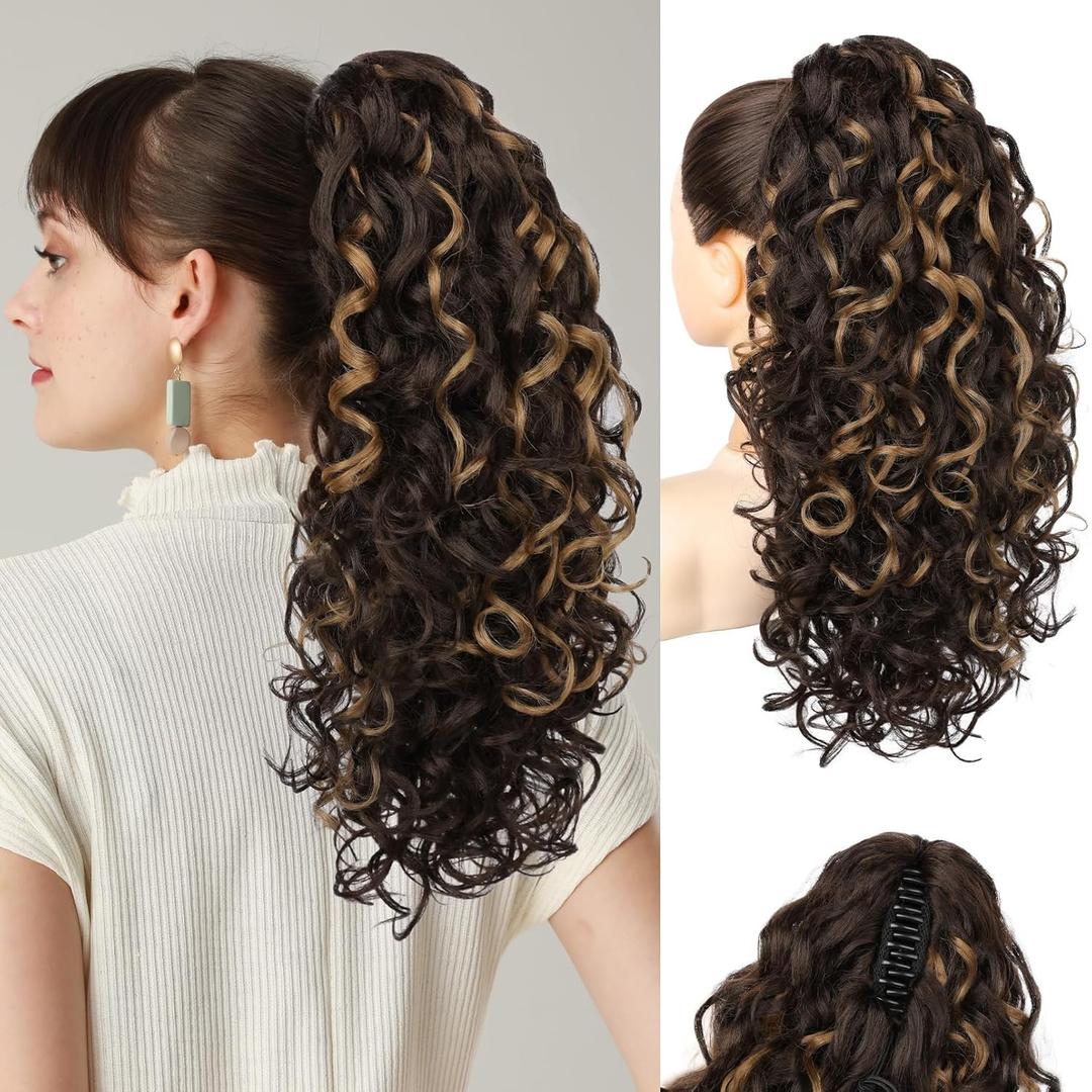 Flufymooz 100 Pure Protein Ponytail Extension, 18 Inch Curly Claw Clip Ponytail Hair Extensions Natural Soft pony tail hairpiece for women-Brown with Deep Blonde Highlight