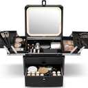 Qislee Makeup Box with Drawer and Four Trays, A Detachable Lighted Mirror, Waterproof Travel Train Case, Cosmetic Organizer and Makeup Suitcase with Magnetic LED Mirror(Black)
