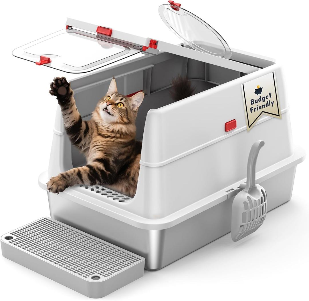 Stainless Steel Litter Box: Enclosed Cat Litter Box with Flip Lid Self Cleaning and High Sided Top Entry Design, XL Extra Large Metal Kitty Litter Pan Tray for Big Cats, Built-in Carbon Filter Pouch (Pale Grey)