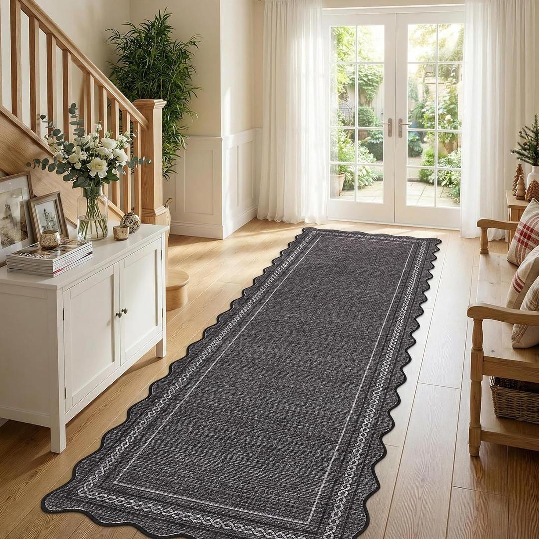 GarveeHome Scalloped Washable Rugs 2x6 Rug Runners for Hallways Non Slip Kitchen Rugs Soft Non Shedding Low Pile Entryway Rug Stain Resistant Carpet for Bath Laundry Room, Black (Charcoal)