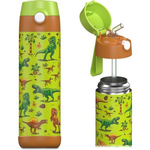 Jarlson Kids Water Bottle CHARLI [18OZ] - Stainless Steel Thermo Bottle with Straw - Insulated, Spill Proof Waterbottle for School & Sports - Thermo Tumbler for Boys & Girls (Dinosaur)