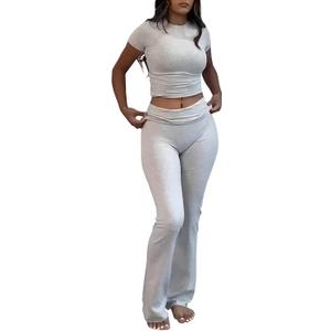 AYWA Women's 2 Piece Lounge Sets Short Sleeve Crop Top Foldover Flare Pants Casual Pajama Outfits (Light Heather Grey)