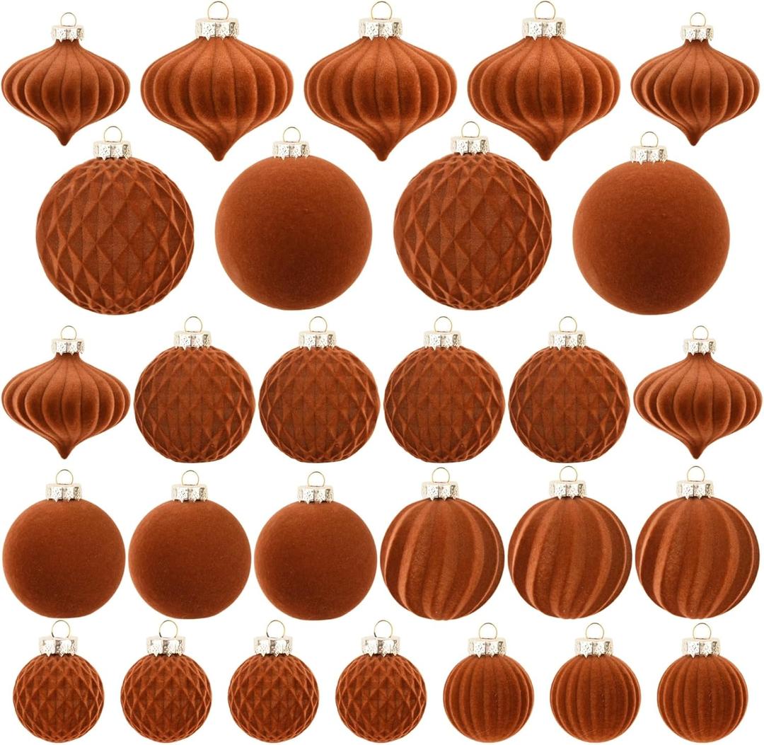 Velvet Christmas Balls 28pcs Flocked Christmas Tree Ornaments Set Shatterproof Christmas Ornaments with Hanging Rings Suitable for Xmas Tree Holiday Decor (Brown)