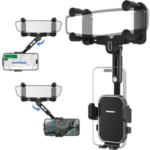 SOOPII Rearview Mirror Phone Holder for Car, 360 Rotating and Retractable Rear View Mirror Phone Mount with Adjustable Length, Universal Car Phone Holder for 4-7 Inch Cell Phones (Detachable)